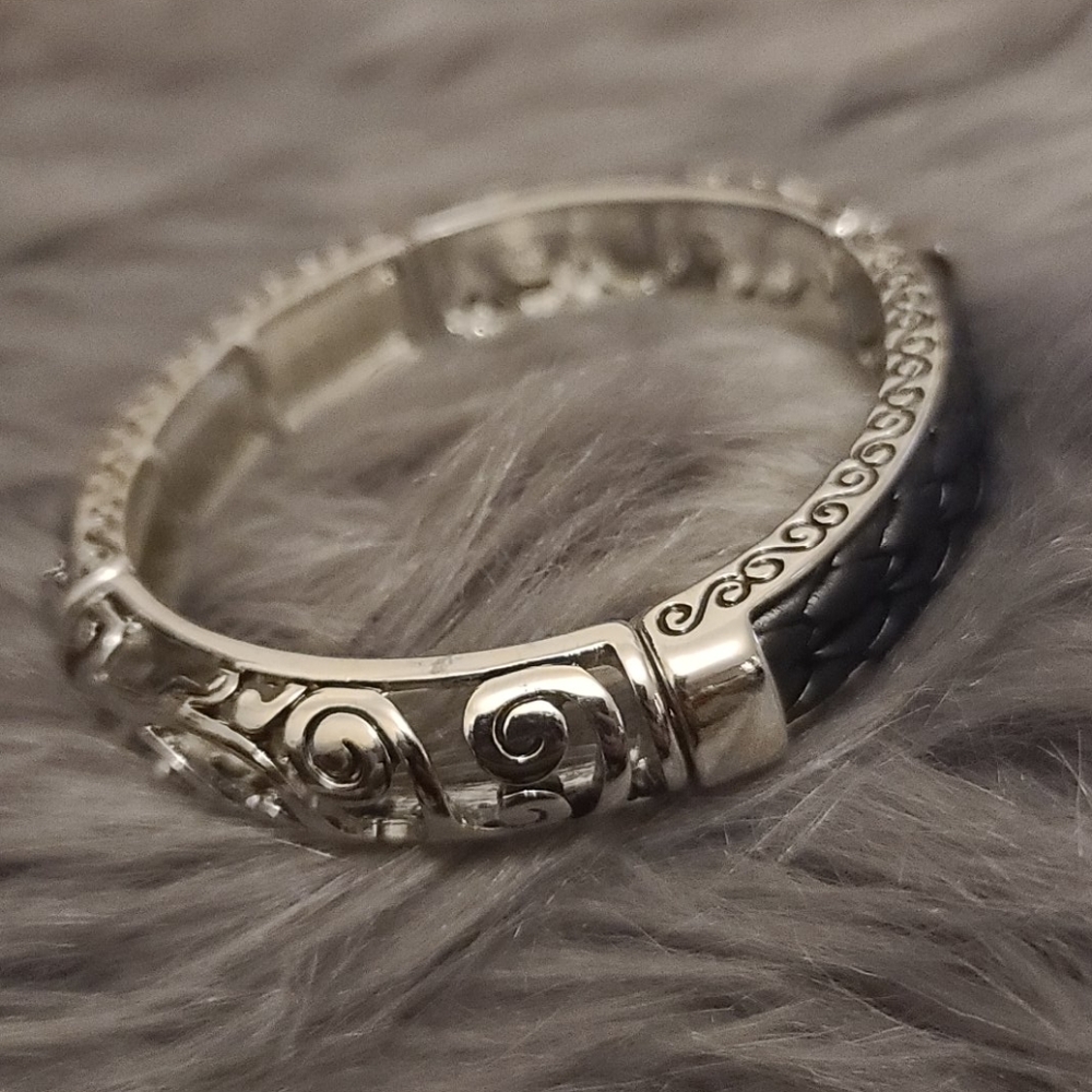 Silver Scroll and Leather Stretchy Bracelet